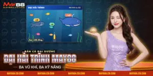 Màn chơi bắn cá Đại Hải Trình May88 với cá nhỏ, cá mập, cá voi và khẩu súng ở đáy màn hình