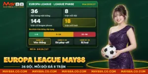 Europa League May88 với số đội, số trận của league phase và ba nhóm hạng trên bảng