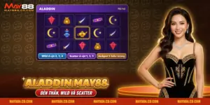 Màn slot nổ hũ Aladdin May88 với cây đèn thần và Thần Đèn giữa các biểu tượng