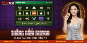Slot nổ hũ Thằng Bờm May88 với biểu tượng quạt mo, trâu, cá, gỗ lim và nắm xôi